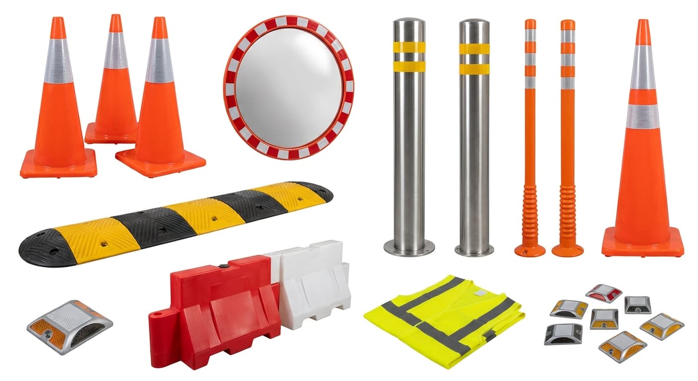 Produits de Sécurité Routière - Gamme complète de cônes de signalisation, bornes, délinéateurs, marqueurs de chaussée et produits solaires de sécurité pour autoroutes et zones urbaines.
